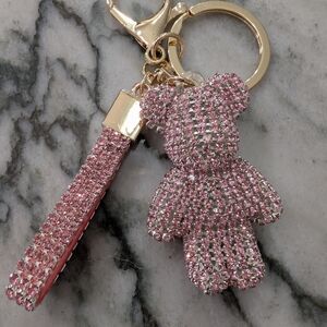 Pink Crystal Teddy Bear Keychain Bag Charm with Strap - Unbranded